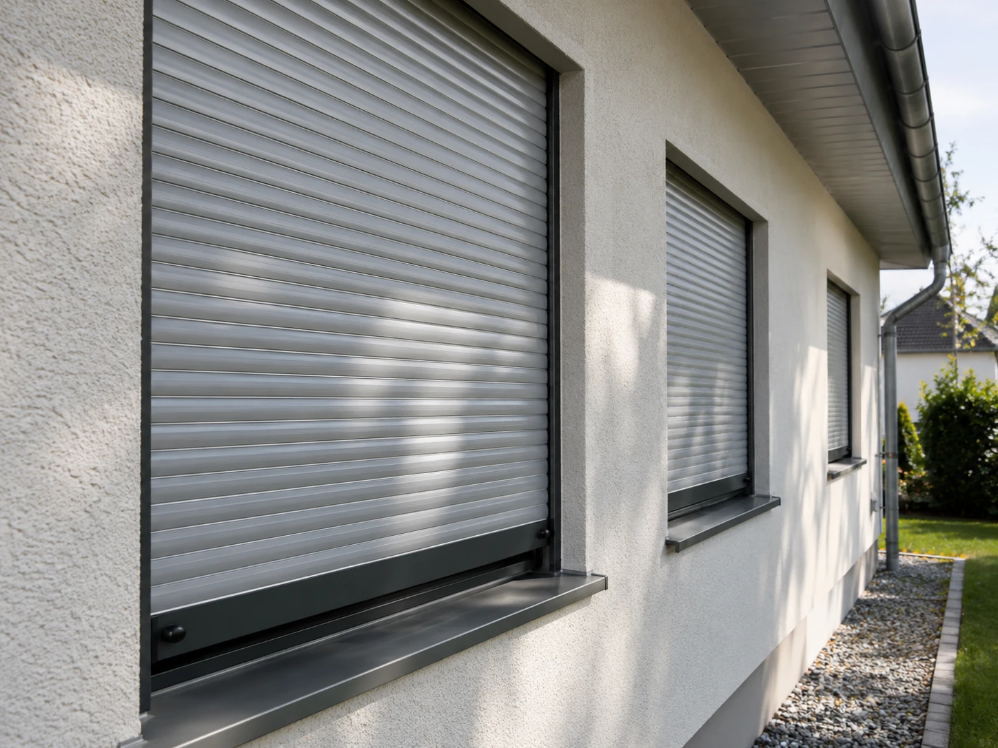 Hausfassade mit mehreren geschlossenen Rollläden